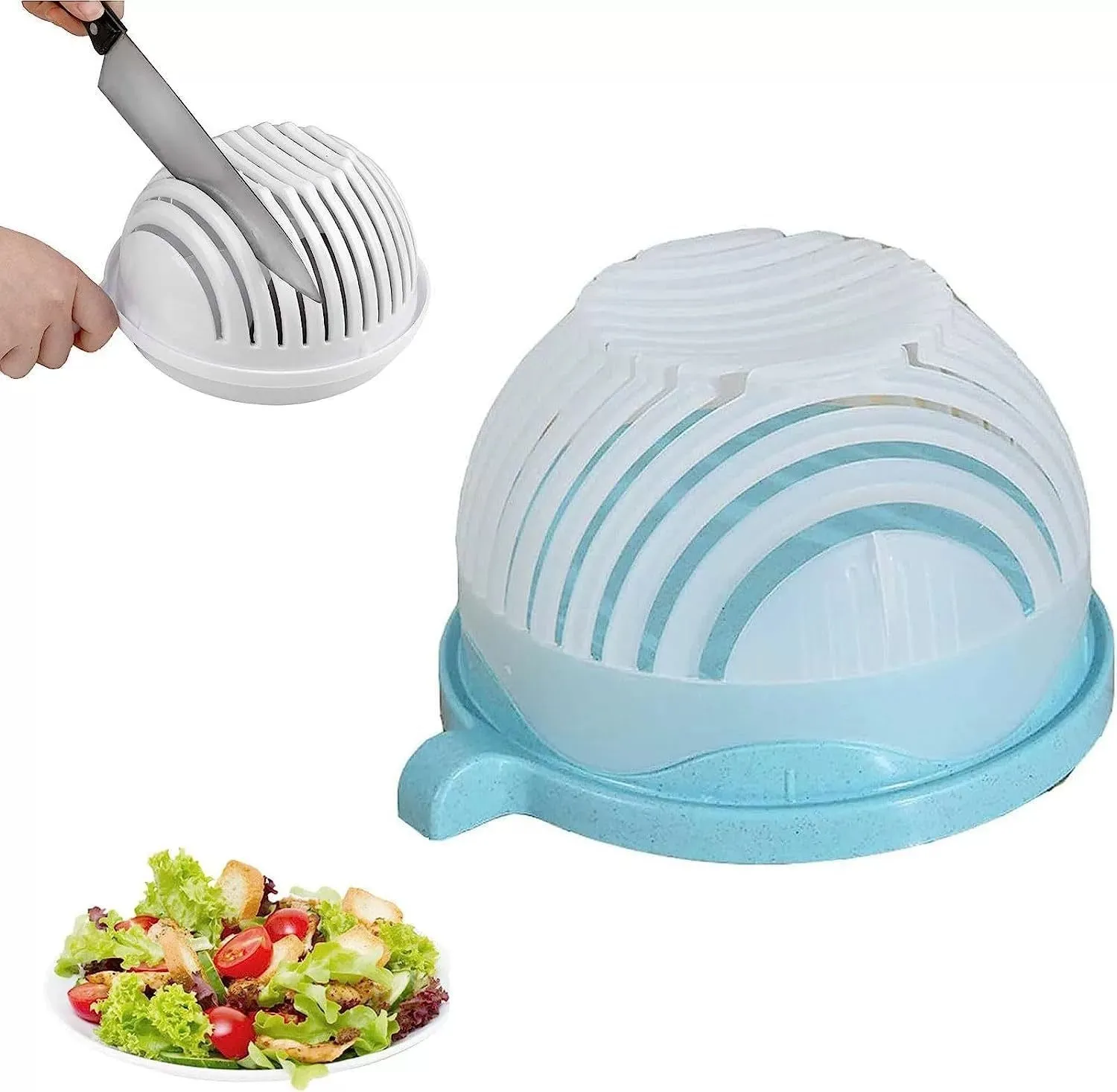 Blue salad cutter bowl with chopping lid and serving plate base on a kitchen counter
