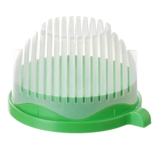 Blue salad cutter bowl with chopping lid and serving plate base on a kitchen counter