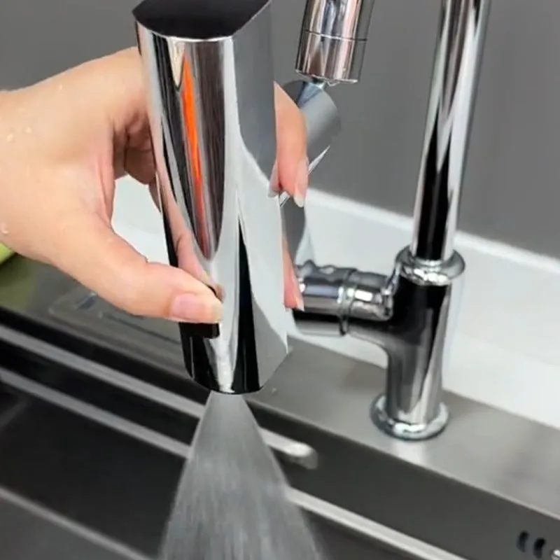 Kitchen faucet nozzle extension with rotating waterfall outlet in black or silver finish