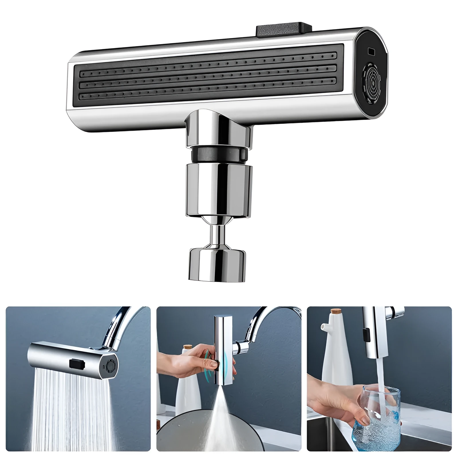 Kitchen faucet nozzle extension with rotating waterfall outlet in black or silver finish