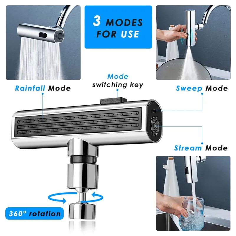 Kitchen faucet nozzle extension with rotating waterfall outlet in black or silver finish