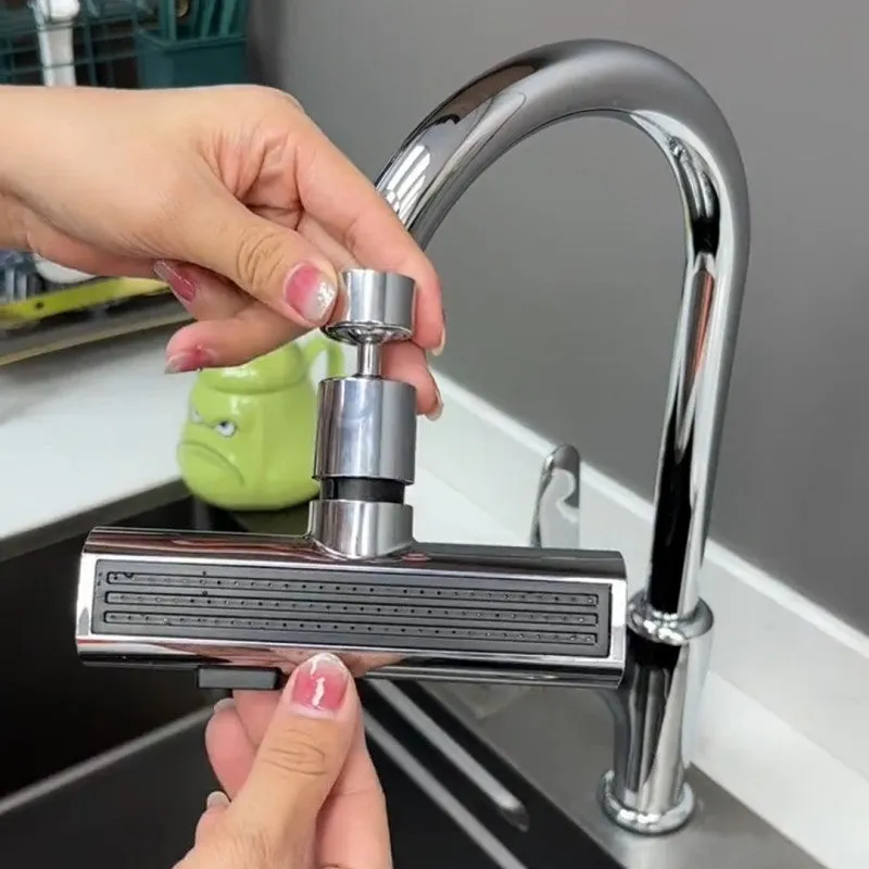 Kitchen faucet nozzle extension with rotating waterfall outlet in black or silver finish