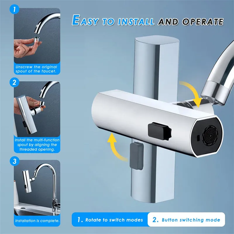 Kitchen faucet nozzle extension with rotating waterfall outlet in black or silver finish