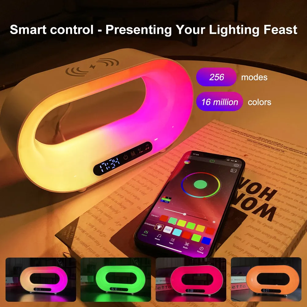 White smart desk lamp with wireless charging pad, alarm clock display, and RGB lighting measuring 23.8 x 7.8 x 13.5 cm