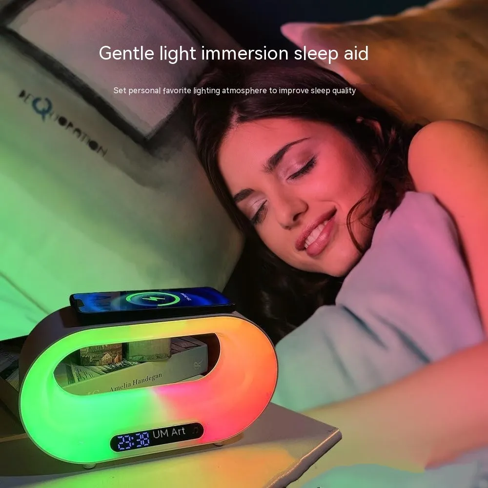 White smart desk lamp with wireless charging pad, alarm clock display, and RGB lighting measuring 23.8 x 7.8 x 13.5 cm