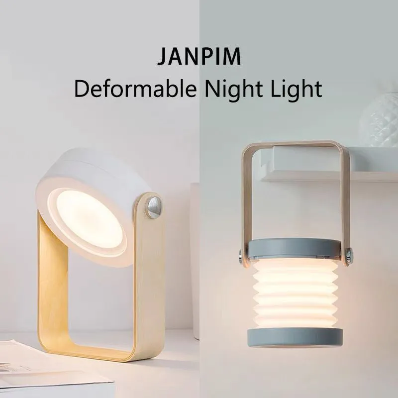 White foldable LED night light in both table lamp and tall lantern configurations, with USB cable.