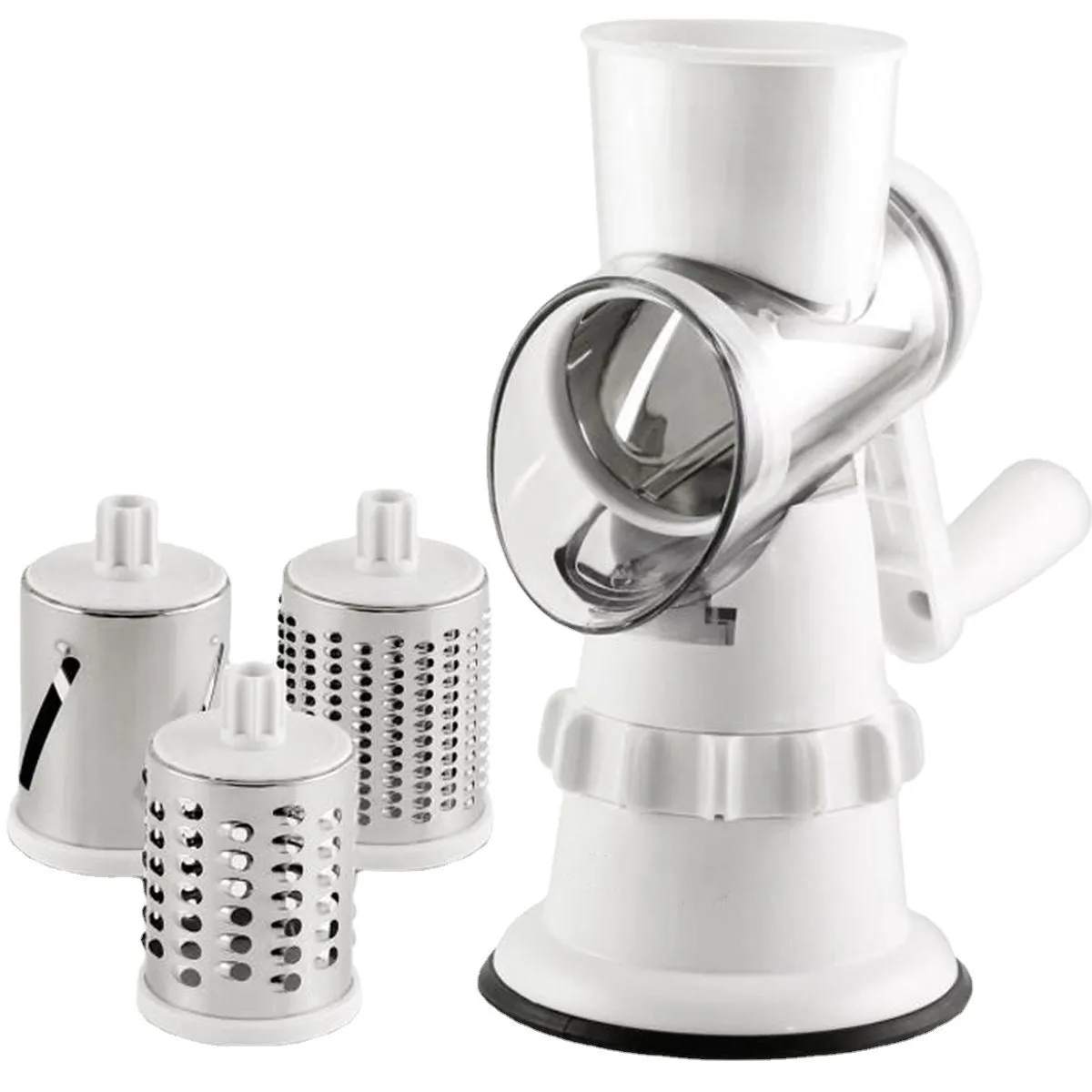 3 In 1 manual vegetable slicer in white BPA-free plastic with stainless steel blades and suction feet