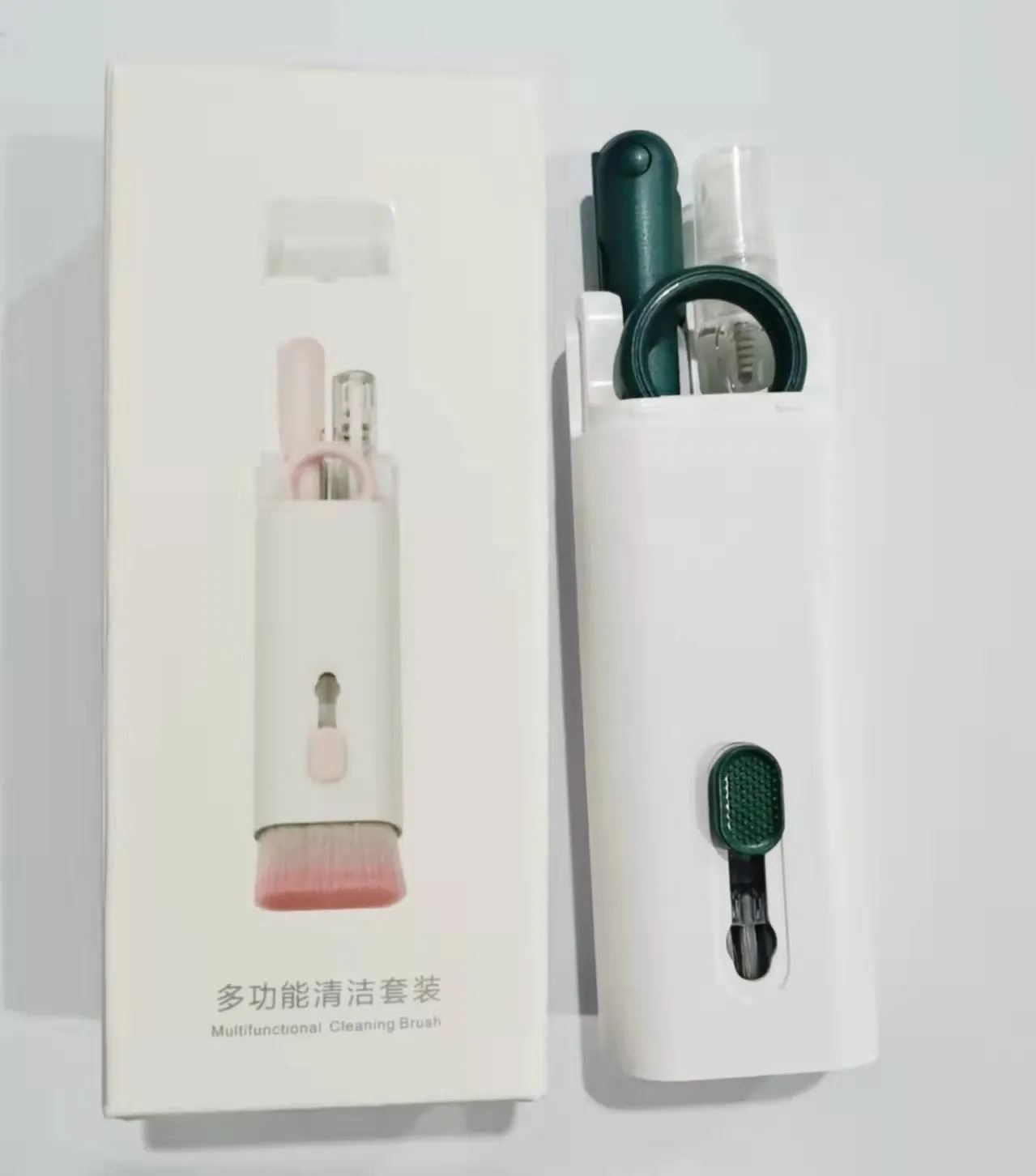 Multifunctional cleaning pen set with keycap puller, brush, spray bottle, and cloth for electronics