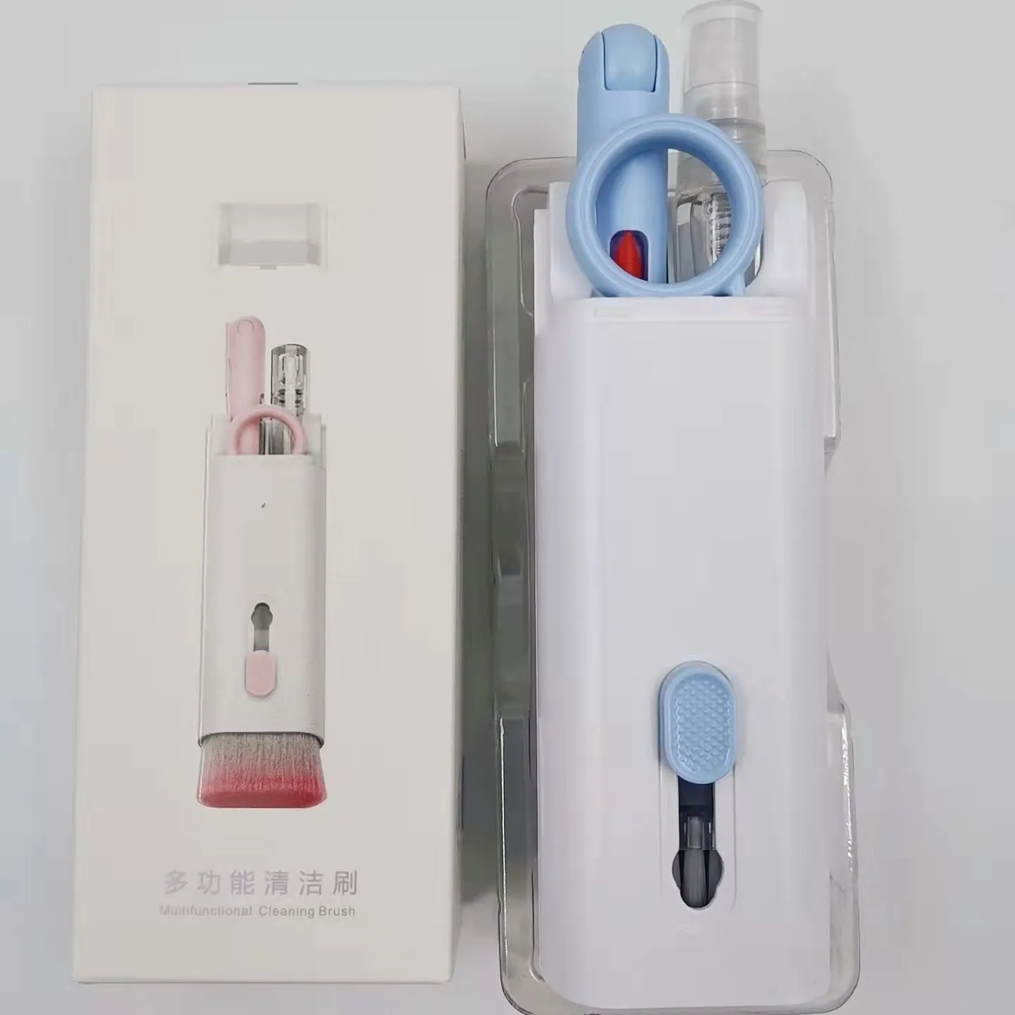 Multifunctional cleaning pen set with keycap puller, brush, spray bottle, and cloth for electronics