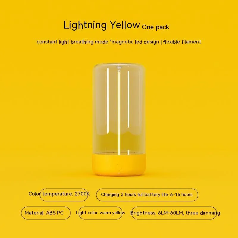 LED camping light with flexible filament design in transparent housing showing Type-C charging port