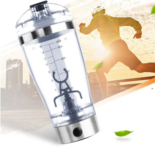 Electric protein shake stirrer with USB rechargeable base, 450ml clear cup, and 304 stainless steel bottleneck ring