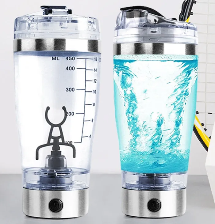 Electric protein shake stirrer with USB rechargeable base, 450ml clear cup, and 304 stainless steel bottleneck ring