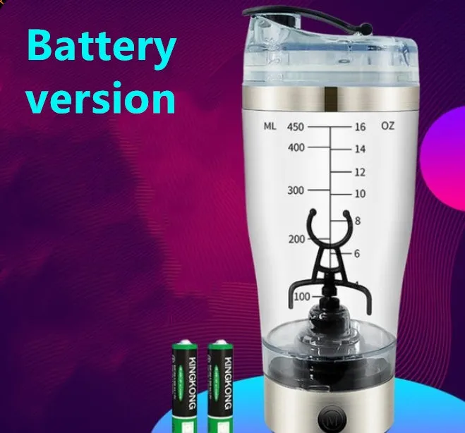 Electric protein shake stirrer with USB rechargeable base, 450ml clear cup, and 304 stainless steel bottleneck ring
