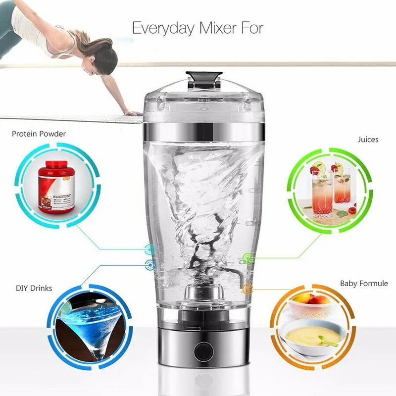 Electric protein shake stirrer with USB rechargeable base, 450ml clear cup, and 304 stainless steel bottleneck ring