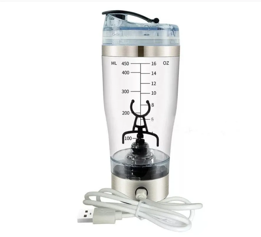 Electric protein shake stirrer with USB rechargeable base, 450ml clear cup, and 304 stainless steel bottleneck ring