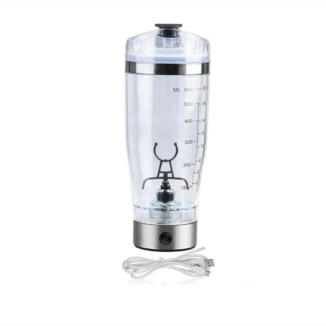 Electric protein shake stirrer with USB rechargeable base, 450ml clear cup, and 304 stainless steel bottleneck ring