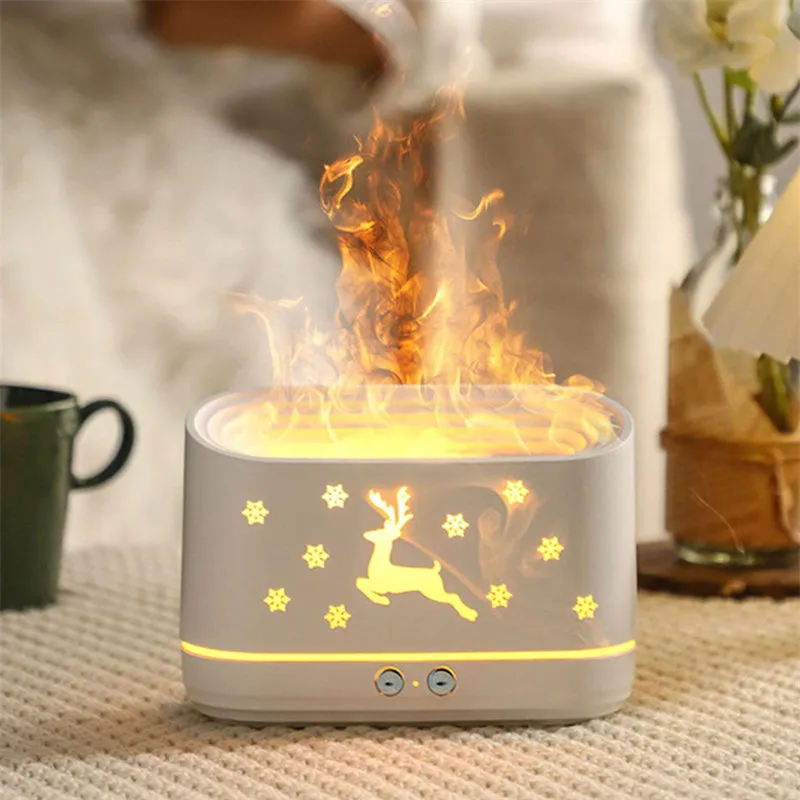 White round Elk flame effect humidifier and essential oil diffuser with USB cable