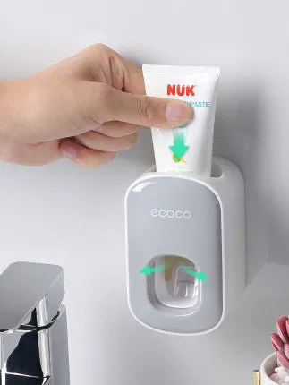 Wall mounted automatic toothpaste dispenser and toothbrush holder set with suction cup mounting