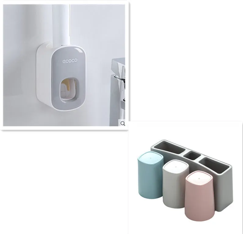 Wall mounted automatic toothpaste dispenser and toothbrush holder set with suction cup mounting