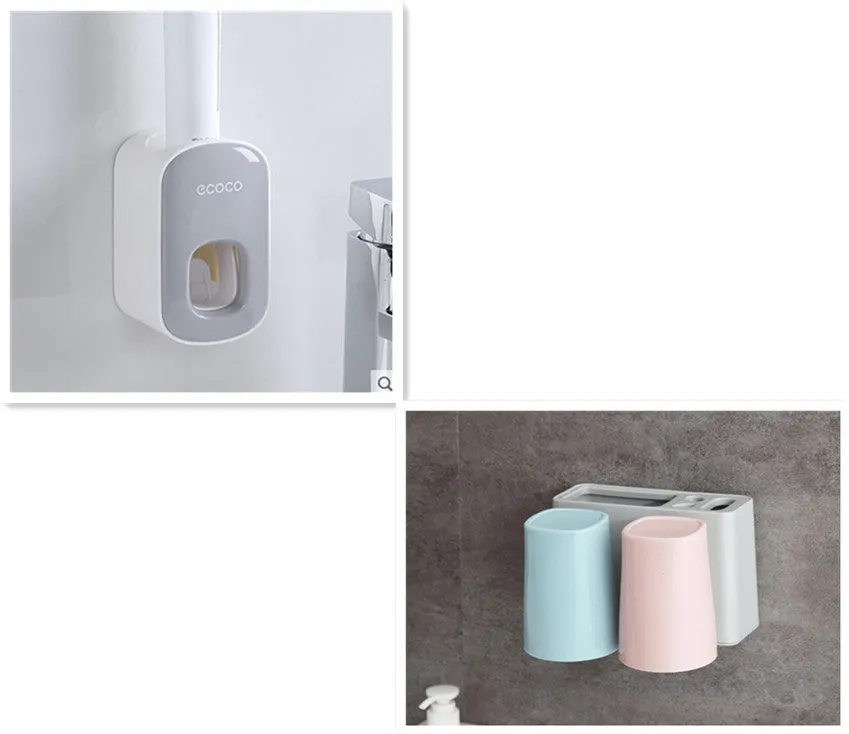 Wall mounted automatic toothpaste dispenser and toothbrush holder set with suction cup mounting