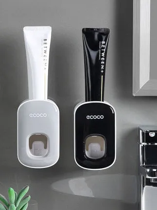Wall mounted automatic toothpaste dispenser and toothbrush holder set with suction cup mounting