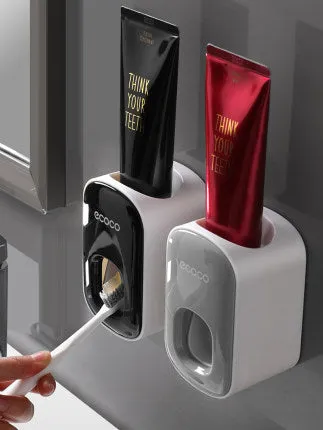 Wall mounted automatic toothpaste dispenser and toothbrush holder set with suction cup mounting