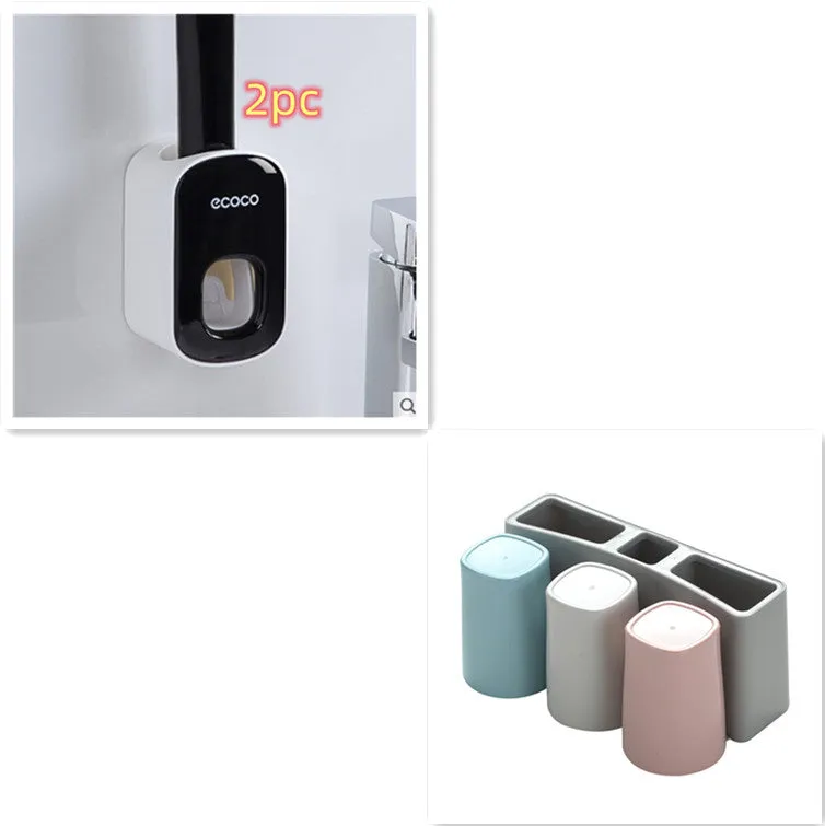 Wall mounted automatic toothpaste dispenser and toothbrush holder set with suction cup mounting