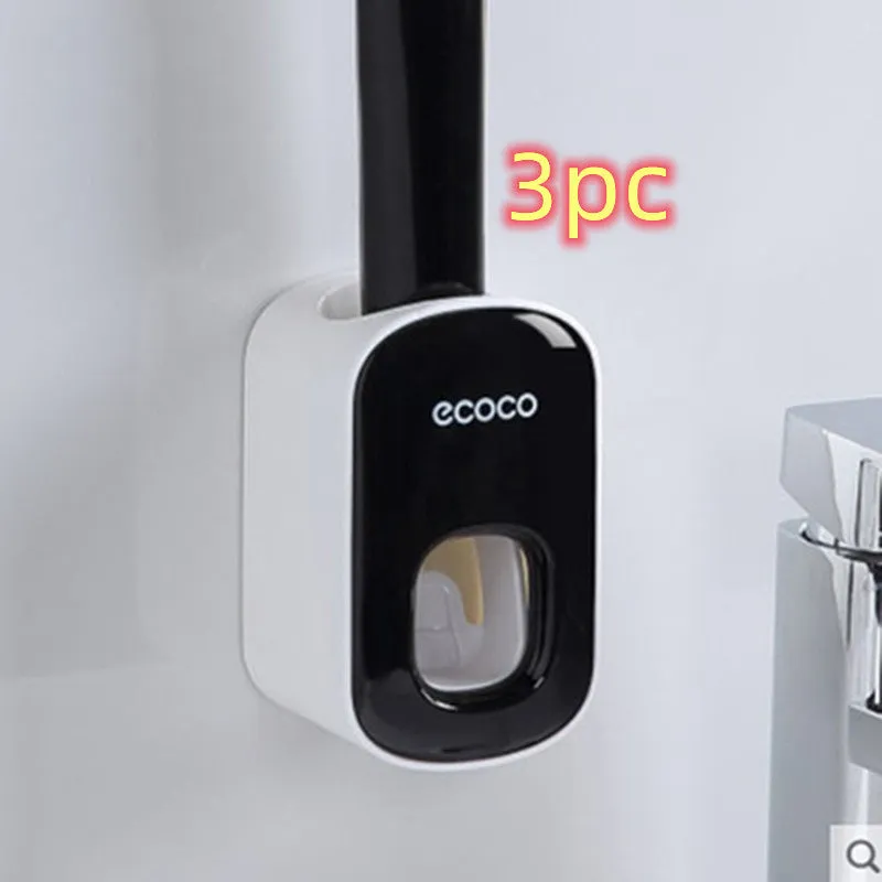 Wall mounted automatic toothpaste dispenser and toothbrush holder set with suction cup mounting