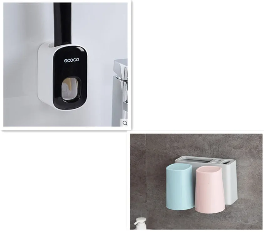 Wall mounted automatic toothpaste dispenser and toothbrush holder set with suction cup mounting