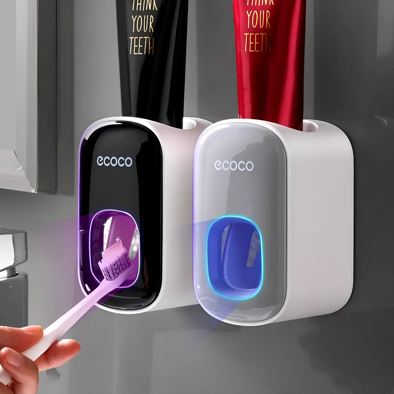 Wall mounted automatic toothpaste dispenser and toothbrush holder set with suction cup mounting