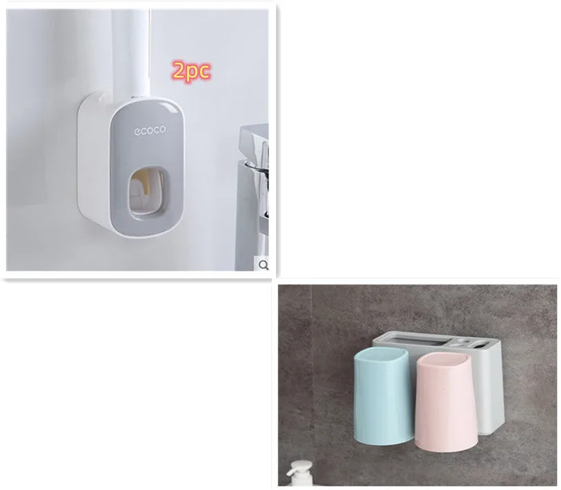 Wall mounted automatic toothpaste dispenser and toothbrush holder set with suction cup mounting
