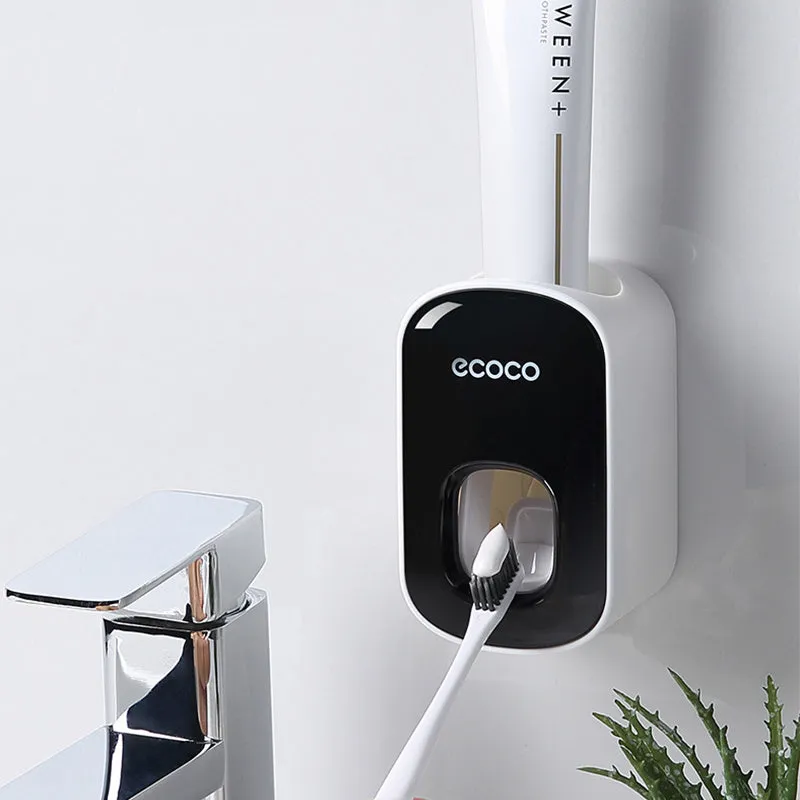 Wall mounted automatic toothpaste dispenser and toothbrush holder set with suction cup mounting