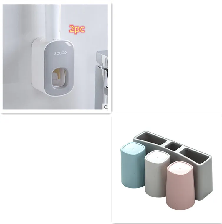 Wall mounted automatic toothpaste dispenser and toothbrush holder set with suction cup mounting