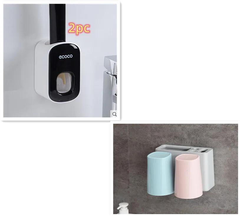 Wall mounted automatic toothpaste dispenser and toothbrush holder set with suction cup mounting