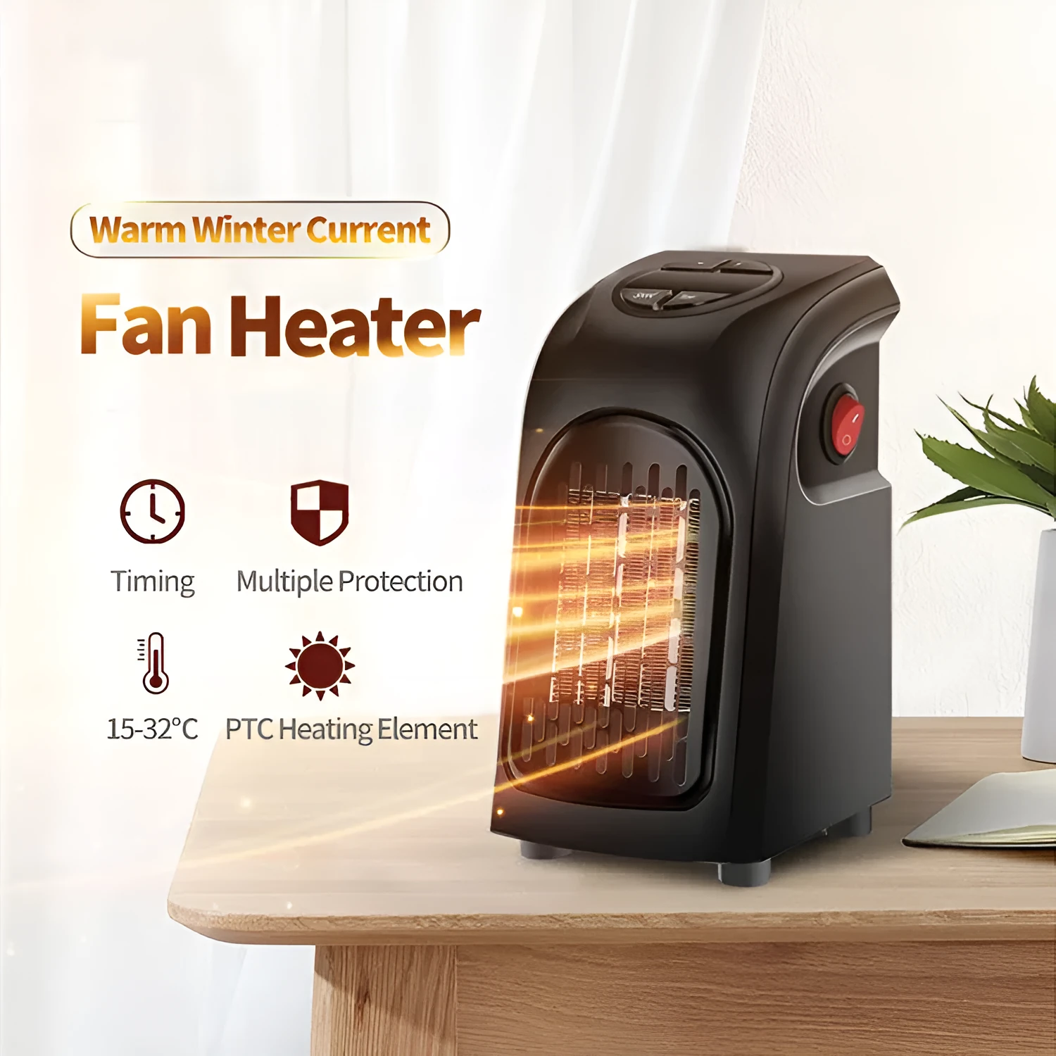 Small black ceramic fan heater with mechanical controls on a desk.