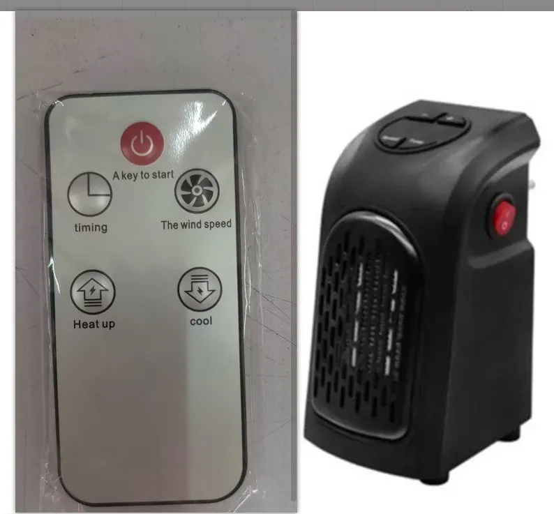 Small black ceramic fan heater with mechanical controls on a desk.