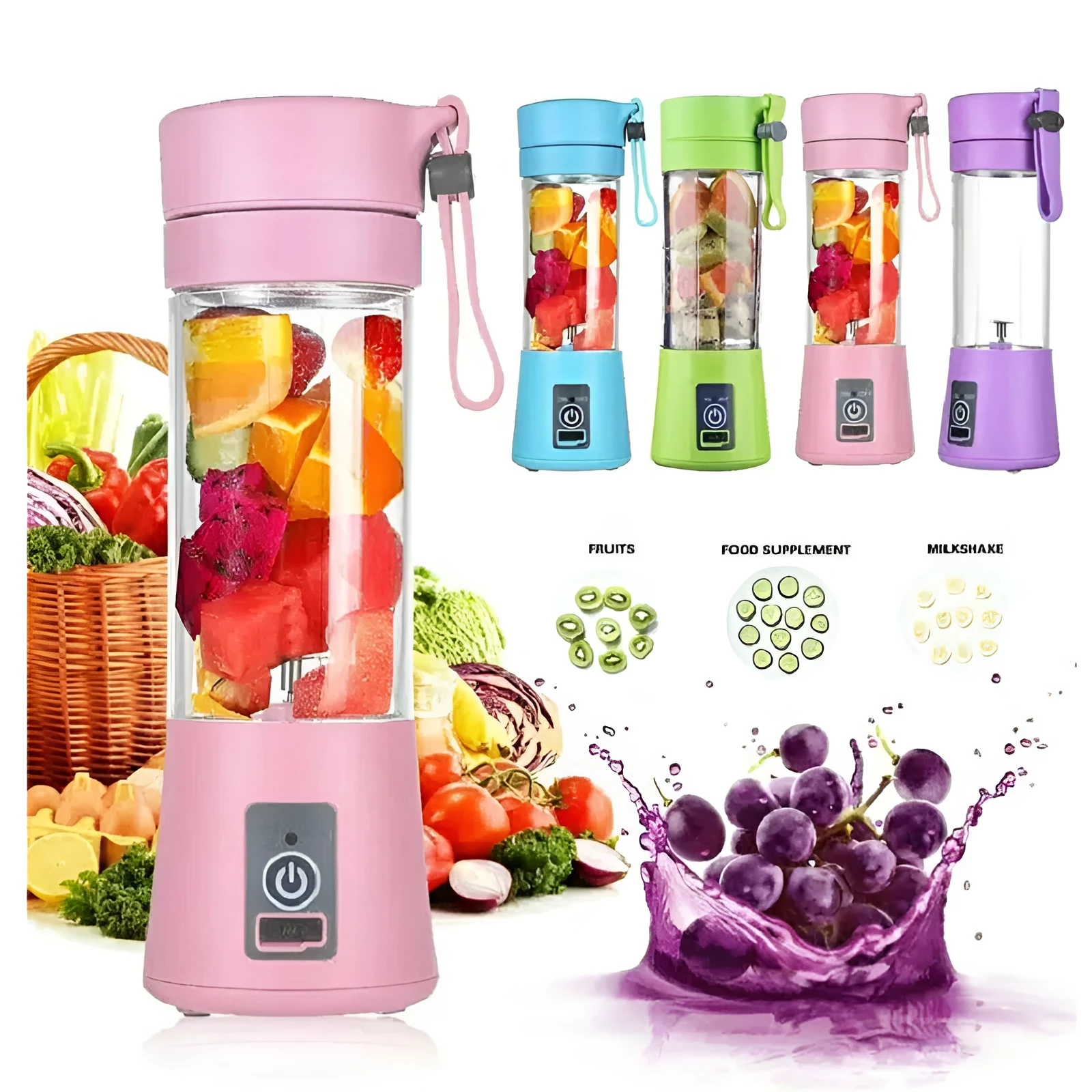 Pink portable USB blender with 380ml cup and automatic cleaning function