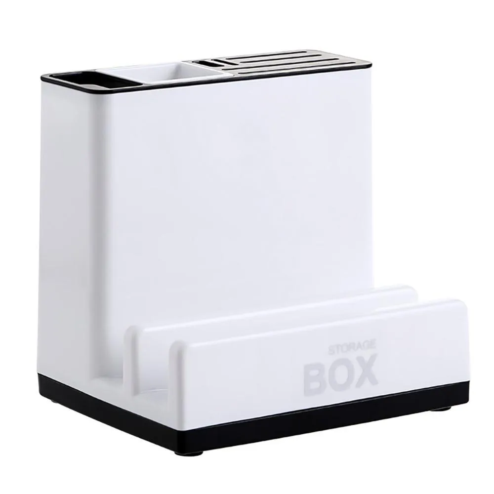 White plastic kitchen knife storage rack with integrated shelf and partitioned compartments