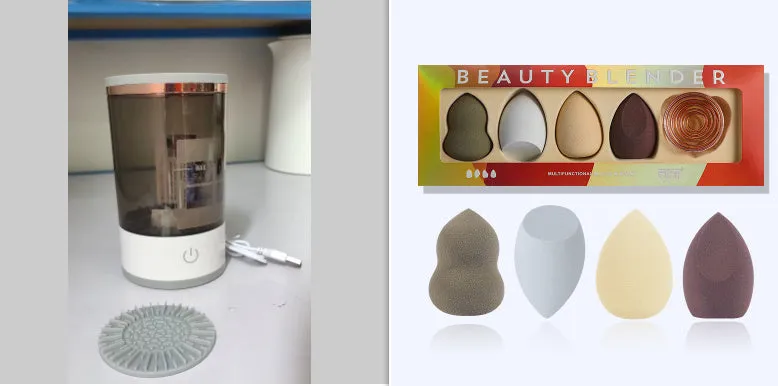 Grey and white portable electric makeup brush cleaner with USB cable.