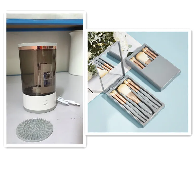 Grey and white portable electric makeup brush cleaner with USB cable.
