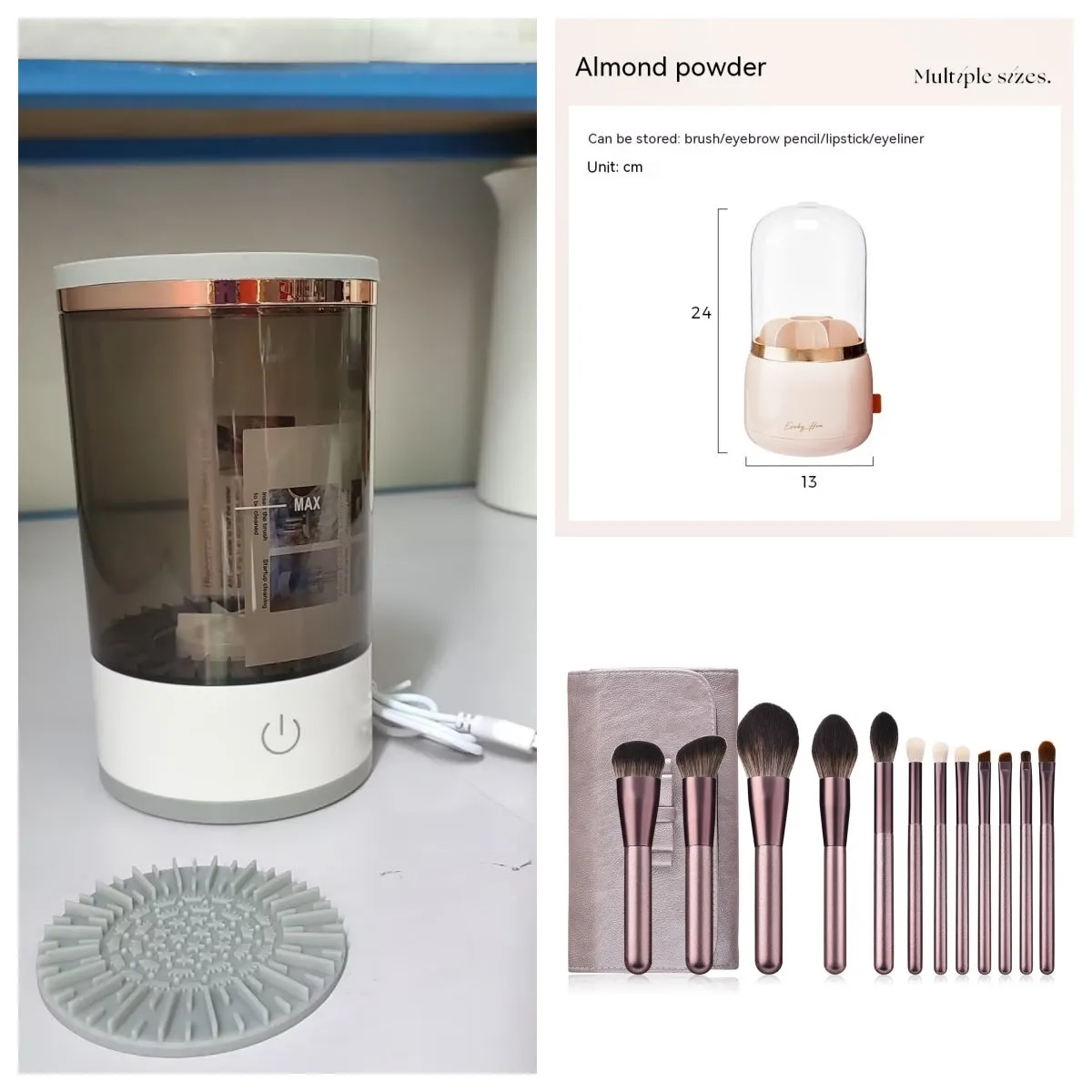Grey and white portable electric makeup brush cleaner with USB cable.