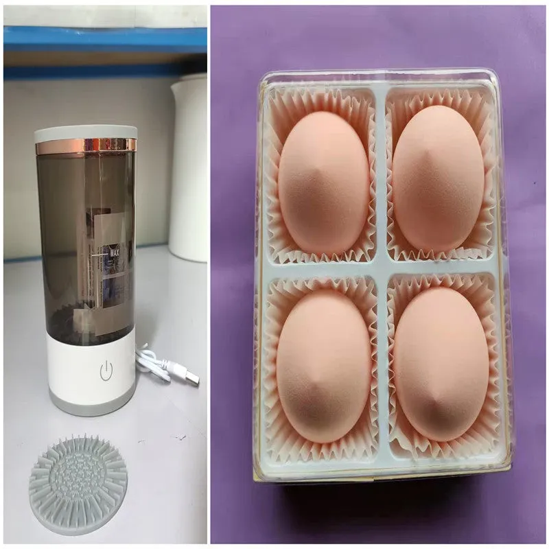 Grey and white portable electric makeup brush cleaner with USB cable.