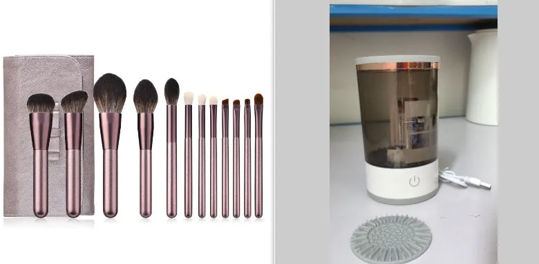 Grey and white portable electric makeup brush cleaner with USB cable.