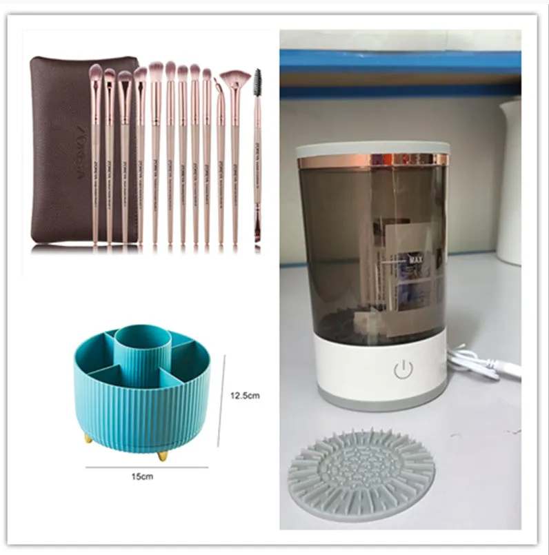 Grey and white portable electric makeup brush cleaner with USB cable.
