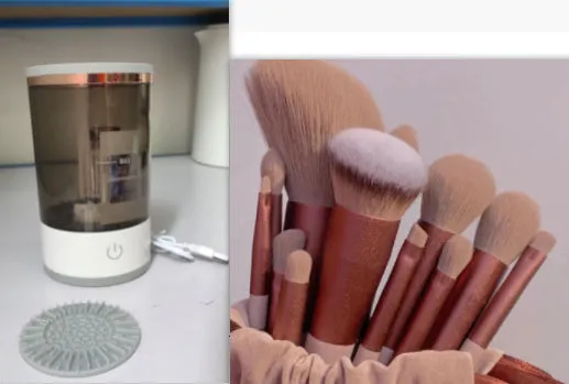 Grey and white portable electric makeup brush cleaner with USB cable.