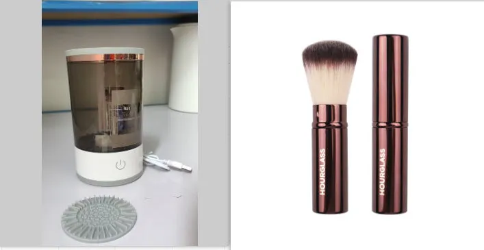 Grey and white portable electric makeup brush cleaner with USB cable.