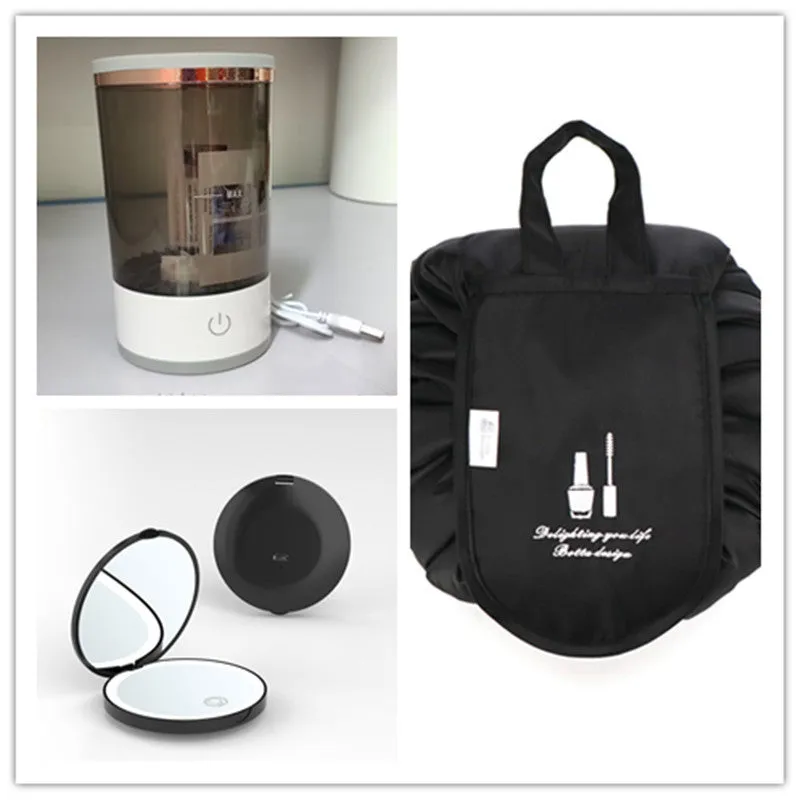 Grey and white portable electric makeup brush cleaner with USB cable.
