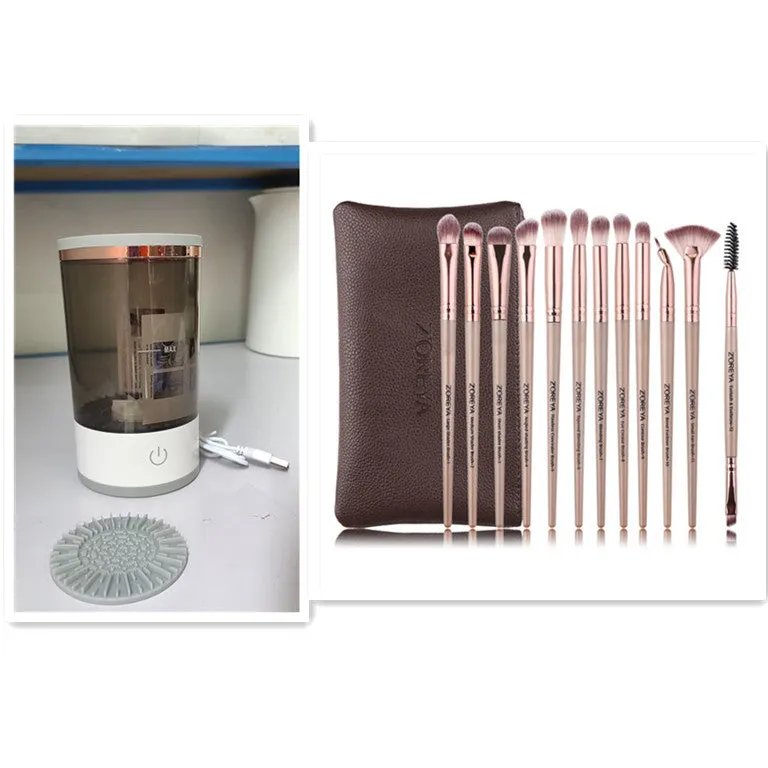 Grey and white portable electric makeup brush cleaner with USB cable.