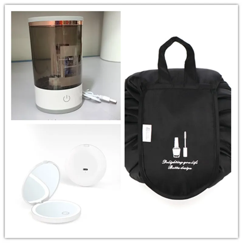 Grey and white portable electric makeup brush cleaner with USB cable.