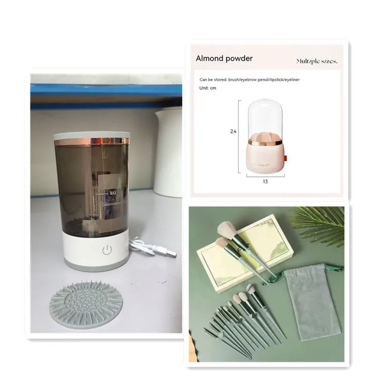 Grey and white portable electric makeup brush cleaner with USB cable.